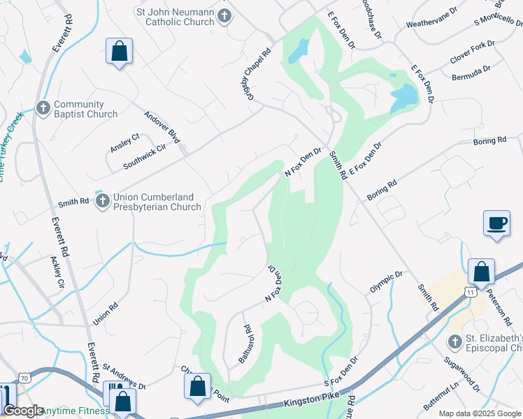 map of restaurants, bars, coffee shops, grocery stores, and more near 12118 North Fox Den Drive in Knoxville