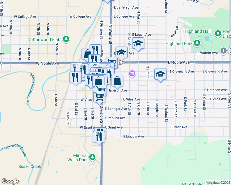 map of restaurants, bars, coffee shops, grocery stores, and more near 211 East Harrison Avenue in Guthrie