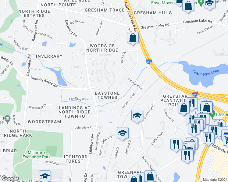 map of restaurants, bars, coffee shops, grocery stores, and more near 7250 Racine Way in Raleigh