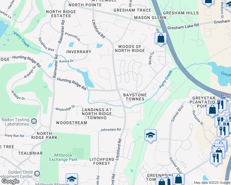 map of restaurants, bars, coffee shops, grocery stores, and more near 7019 Litchford Road in Raleigh