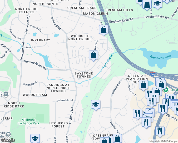 map of restaurants, bars, coffee shops, grocery stores, and more near 7250 Racine Way in Raleigh