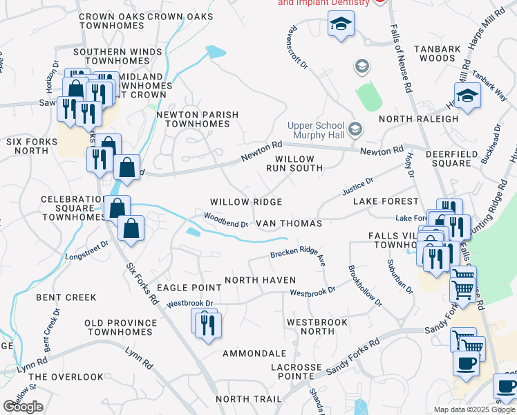 map of restaurants, bars, coffee shops, grocery stores, and more near 503 Van Thomas Drive in Raleigh