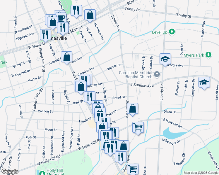 map of restaurants, bars, coffee shops, grocery stores, and more near 201 East Sunrise Avenue in Thomasville