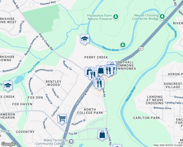 map of restaurants, bars, coffee shops, grocery stores, and more near 7008 Perry Creek Road in Raleigh