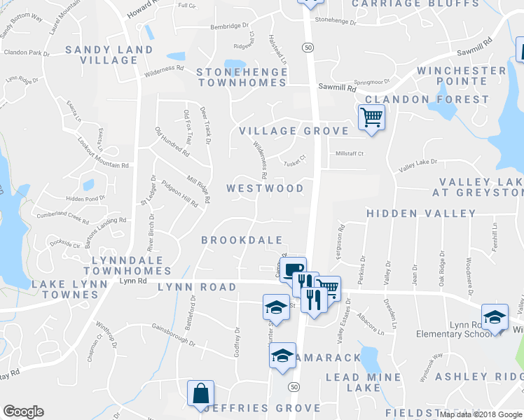 map of restaurants, bars, coffee shops, grocery stores, and more near 7104 Wilderness Road in Raleigh