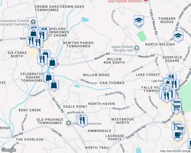 map of restaurants, bars, coffee shops, grocery stores, and more near 447 Van Thomas Drive in Raleigh
