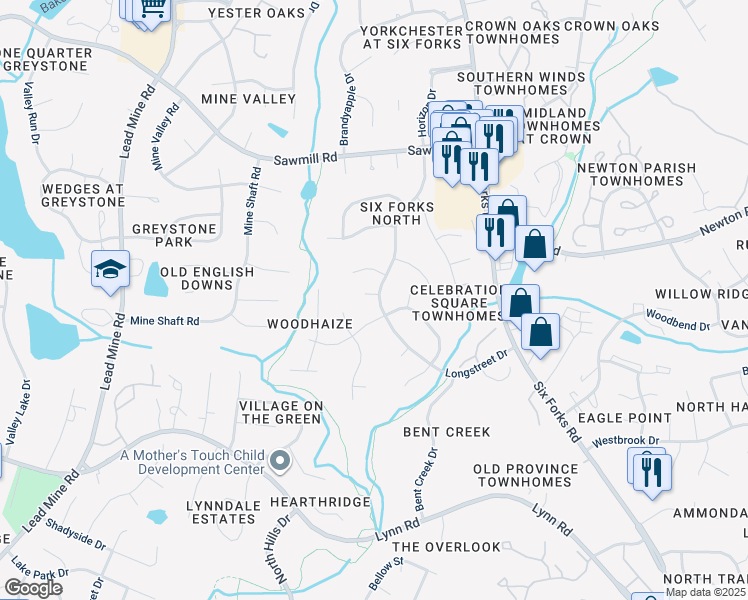 map of restaurants, bars, coffee shops, grocery stores, and more near 1004 Woodhill Court in Raleigh
