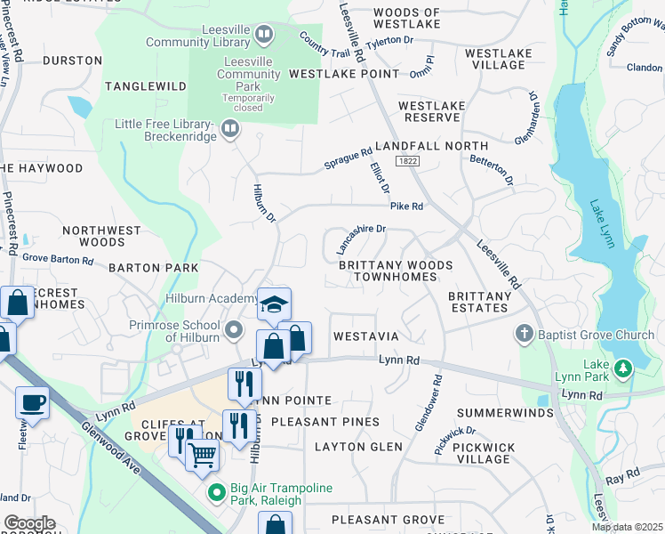 map of restaurants, bars, coffee shops, grocery stores, and more near 7105 Kinross Drive in Raleigh