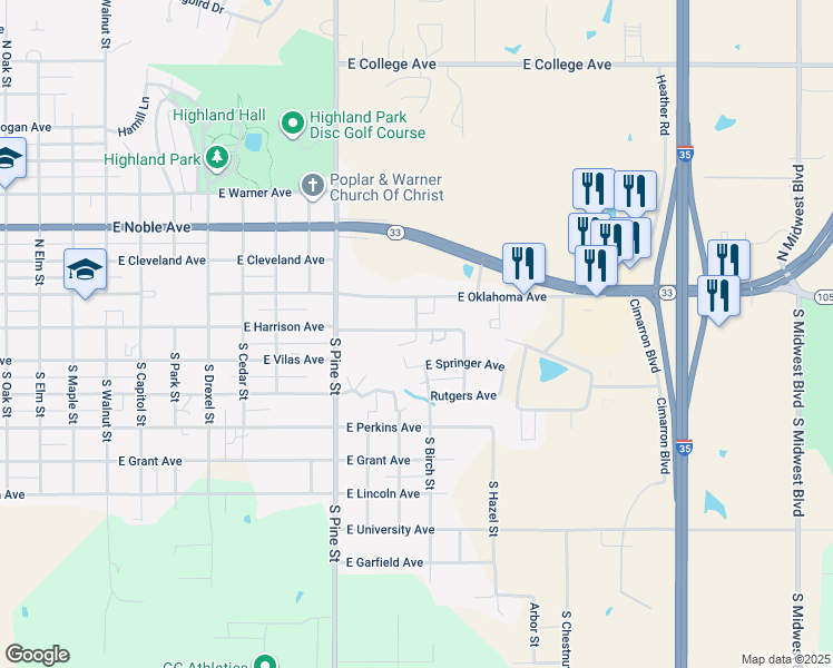 map of restaurants, bars, coffee shops, grocery stores, and more near 1702 East Harrison Avenue in Guthrie