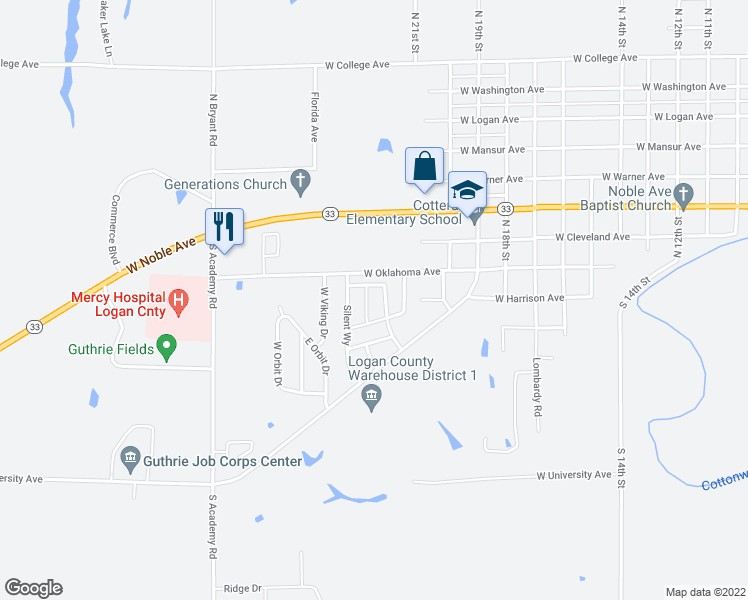map of restaurants, bars, coffee shops, grocery stores, and more near 108 Autumn Street in Guthrie