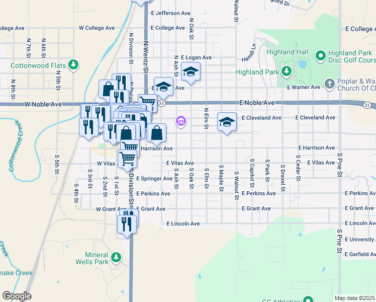 map of restaurants, bars, coffee shops, grocery stores, and more near 423 East Harrison Avenue in Guthrie