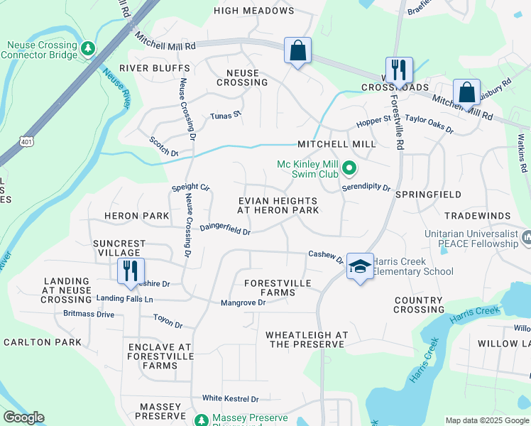 map of restaurants, bars, coffee shops, grocery stores, and more near 3400 Kensett Way in Raleigh