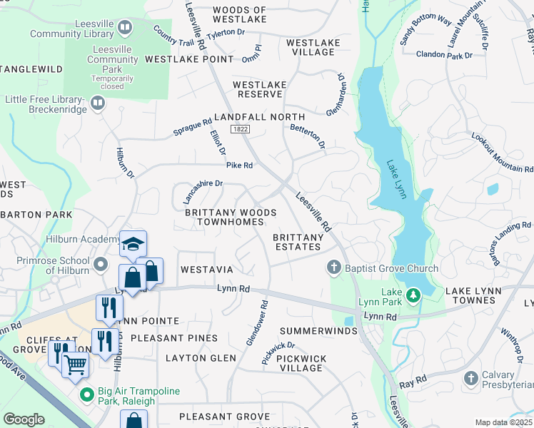 map of restaurants, bars, coffee shops, grocery stores, and more near 4417 Lancashire Drive in Raleigh
