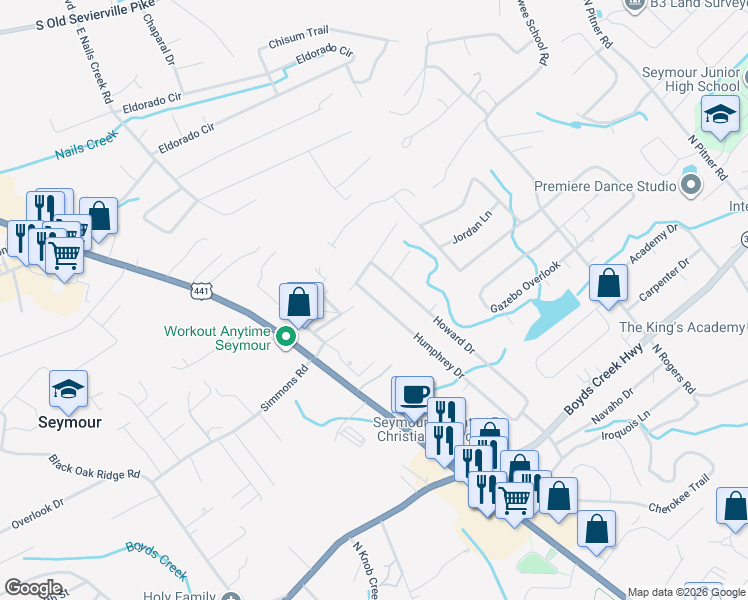 map of restaurants, bars, coffee shops, grocery stores, and more near 425 Humphrey Drive in Seymour