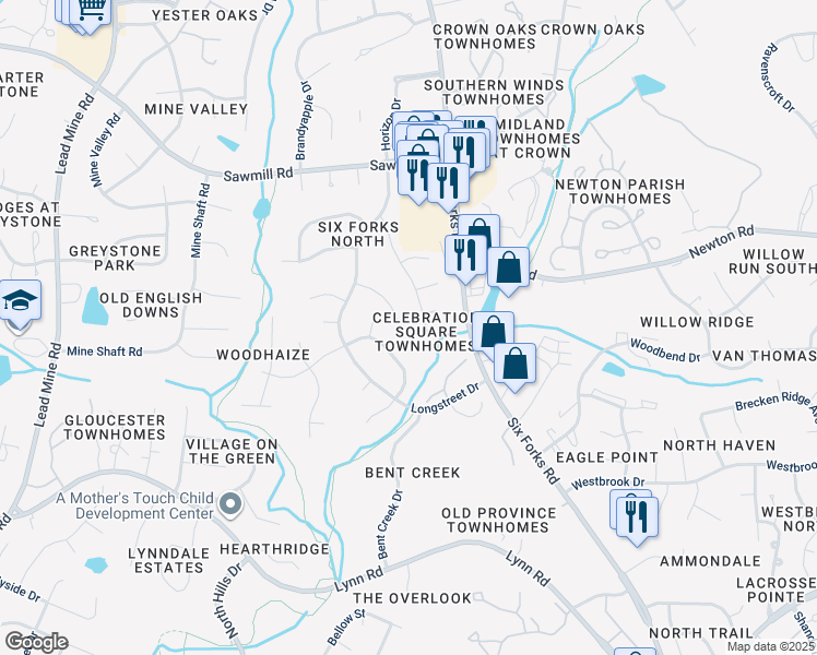 map of restaurants, bars, coffee shops, grocery stores, and more near 7404 Edenwood Lane in Raleigh