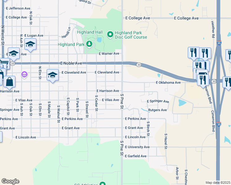 map of restaurants, bars, coffee shops, grocery stores, and more near 1403 East Harrison Avenue in Guthrie