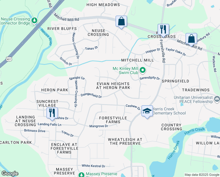 map of restaurants, bars, coffee shops, grocery stores, and more near 3400 Kensett Way in Raleigh
