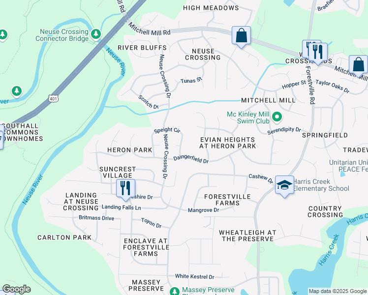 map of restaurants, bars, coffee shops, grocery stores, and more near 6641 Speight Circle in Raleigh