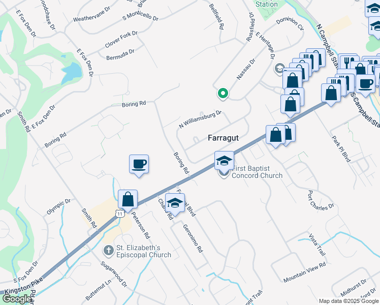 map of restaurants, bars, coffee shops, grocery stores, and more near 11740 Georgetowne Drive in Knoxville