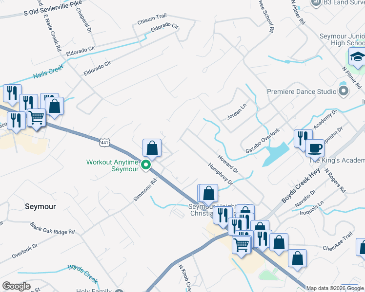 map of restaurants, bars, coffee shops, grocery stores, and more near 425 Humphrey Drive in Seymour