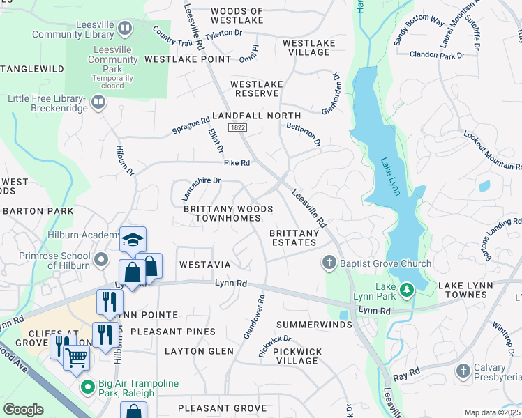 map of restaurants, bars, coffee shops, grocery stores, and more near 4421 Lancashire Drive in Raleigh
