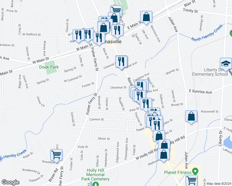 map of restaurants, bars, coffee shops, grocery stores, and more near 100 Rodelia St in Thomasville