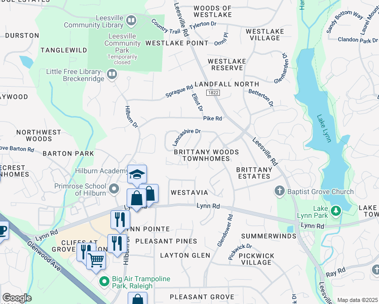 map of restaurants, bars, coffee shops, grocery stores, and more near 7101 Tullamore Drive in Raleigh