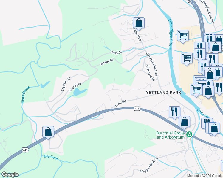 map of restaurants, bars, coffee shops, grocery stores, and more near 111 Cedar Hills Road in Sevierville