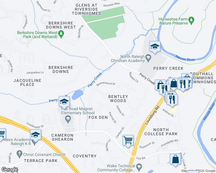 map of restaurants, bars, coffee shops, grocery stores, and more near 7216 Beaverwood Drive in Raleigh