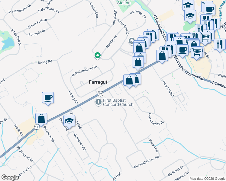 map of restaurants, bars, coffee shops, grocery stores, and more near 158 Confederacy Circle in Farragut
