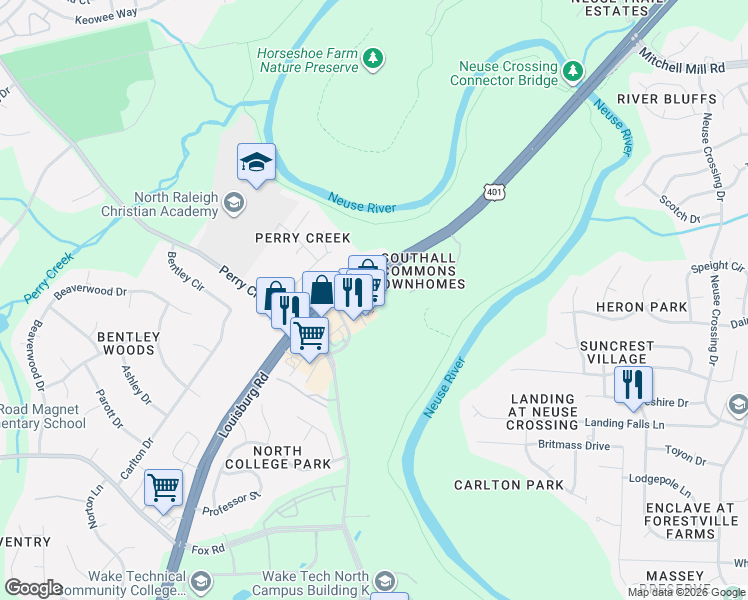 map of restaurants, bars, coffee shops, grocery stores, and more near 8022 River Watch Lane in Raleigh