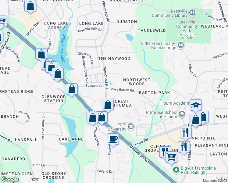map of restaurants, bars, coffee shops, grocery stores, and more near 5524 Red Robin Road in Raleigh