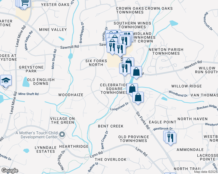 map of restaurants, bars, coffee shops, grocery stores, and more near 7404 Edenwood Lane in Raleigh