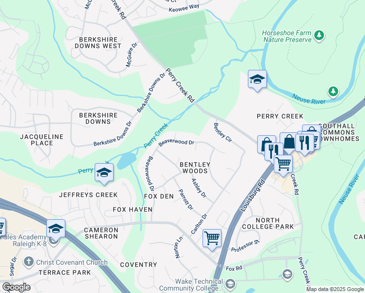 map of restaurants, bars, coffee shops, grocery stores, and more near 7220 Beaverwood Drive in Raleigh