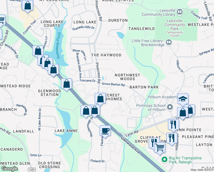 map of restaurants, bars, coffee shops, grocery stores, and more near 5524 Red Robin Road in Raleigh