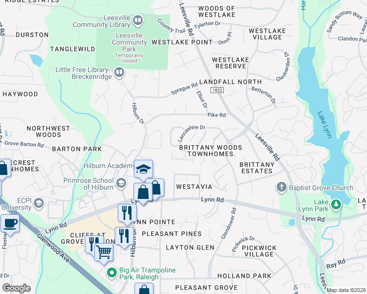 map of restaurants, bars, coffee shops, grocery stores, and more near 5001 Lancashire Dr in Raleigh