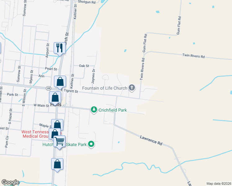 map of restaurants, bars, coffee shops, grocery stores, and more near 614 E Tigrett St in Halls