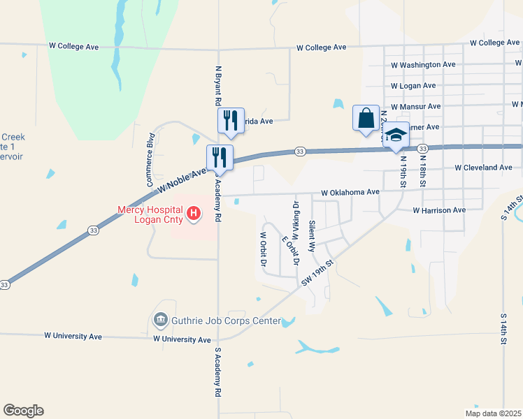 map of restaurants, bars, coffee shops, grocery stores, and more near 121 West Apollo Place in Guthrie
