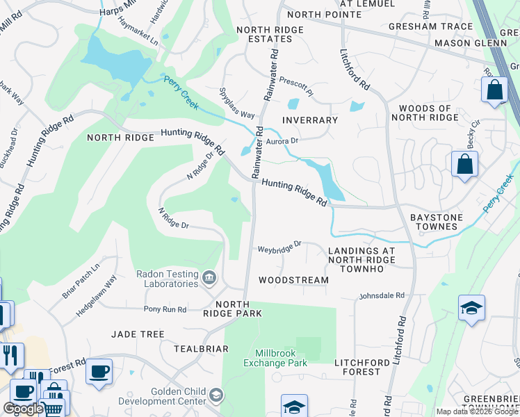 map of restaurants, bars, coffee shops, grocery stores, and more near 7016 Rainwater Road in Raleigh