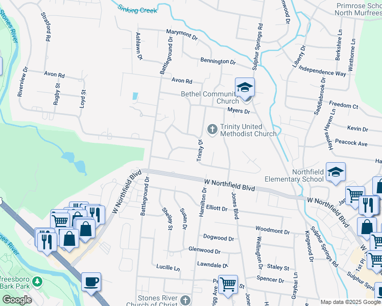 map of restaurants, bars, coffee shops, grocery stores, and more near 1207 Coffee Avenue in Murfreesboro