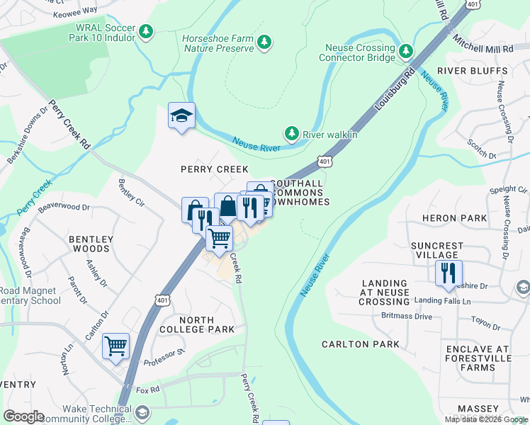 map of restaurants, bars, coffee shops, grocery stores, and more near 8022 River Watch Lane in Raleigh