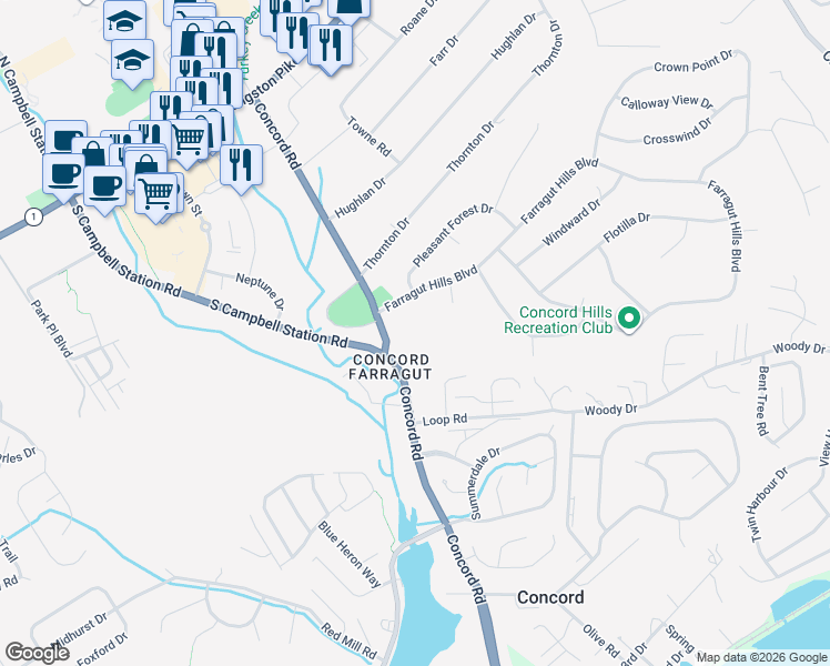 map of restaurants, bars, coffee shops, grocery stores, and more near 500 Concord Road in Knoxville