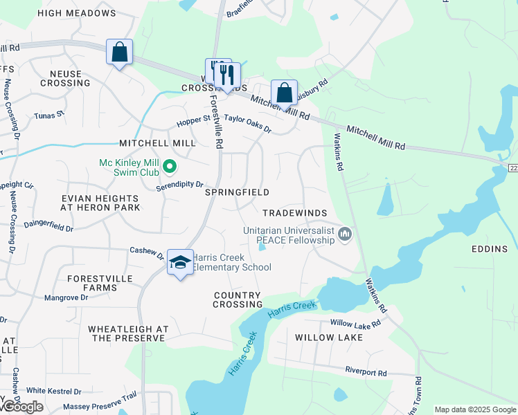 map of restaurants, bars, coffee shops, grocery stores, and more near 3809 Buck Ridge Court in Raleigh