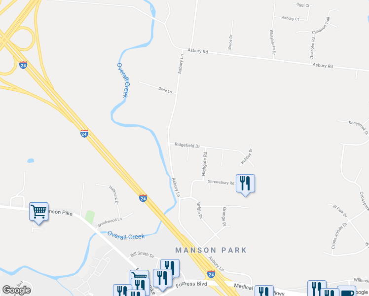 map of restaurants, bars, coffee shops, grocery stores, and more near 3571 Ridgefield Drive in Murfreesboro