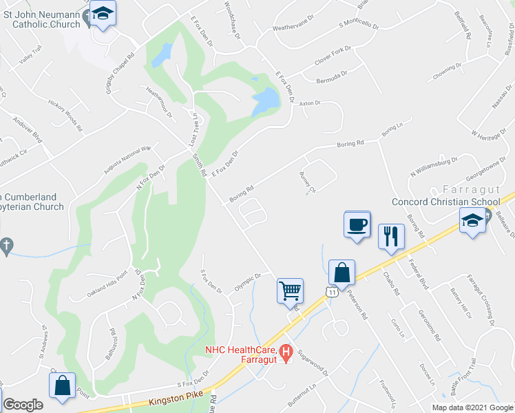 map of restaurants, bars, coffee shops, grocery stores, and more near 11905 Appleton Way in Knoxville