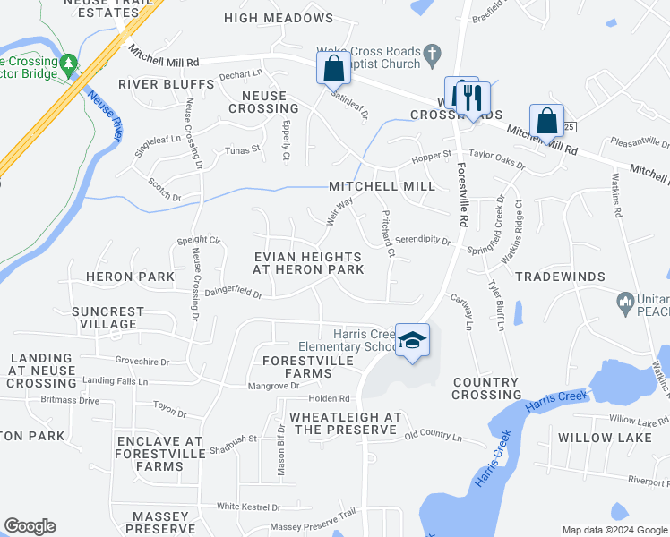 map of restaurants, bars, coffee shops, grocery stores, and more near 3525 Dewing Drive in Raleigh
