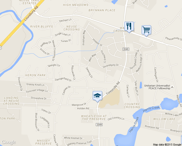 map of restaurants, bars, coffee shops, grocery stores, and more near 3525 Dewing Drive in Raleigh