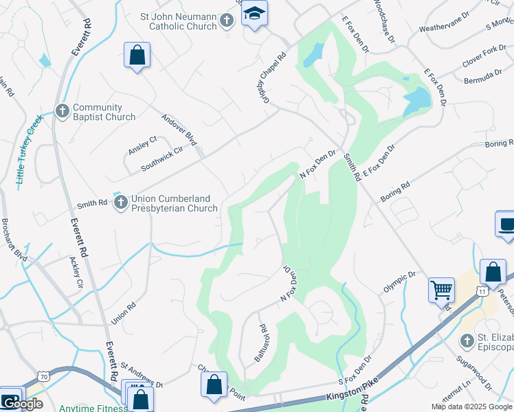 map of restaurants, bars, coffee shops, grocery stores, and more near 12201 Aronimink Point in Knoxville