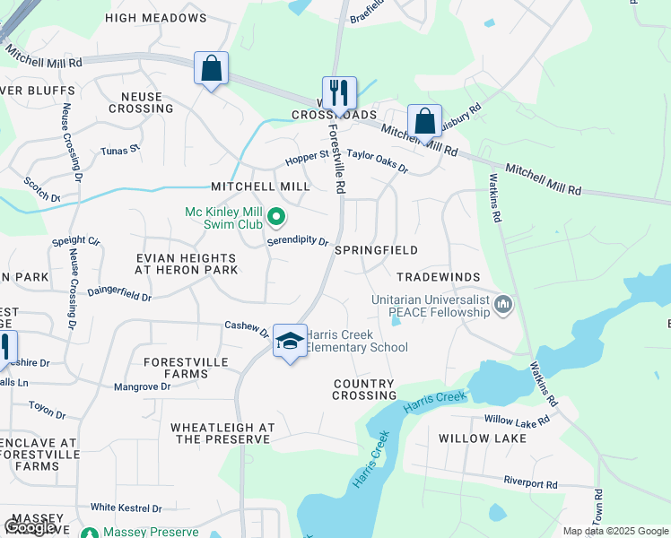 map of restaurants, bars, coffee shops, grocery stores, and more near 3821 Watkins Ridge Court in Raleigh