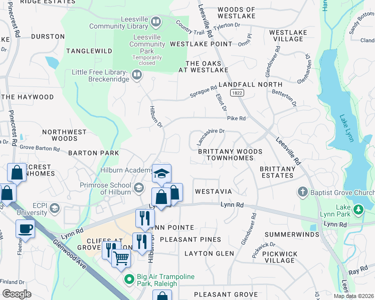 map of restaurants, bars, coffee shops, grocery stores, and more near 7117 Kinross Drive in Raleigh